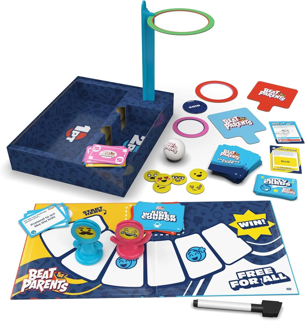 another angle of the contents of the beat the parents board game with no box this time, with a white background.