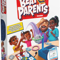 Front of board game box that has a family playing the game on it, against a white background.