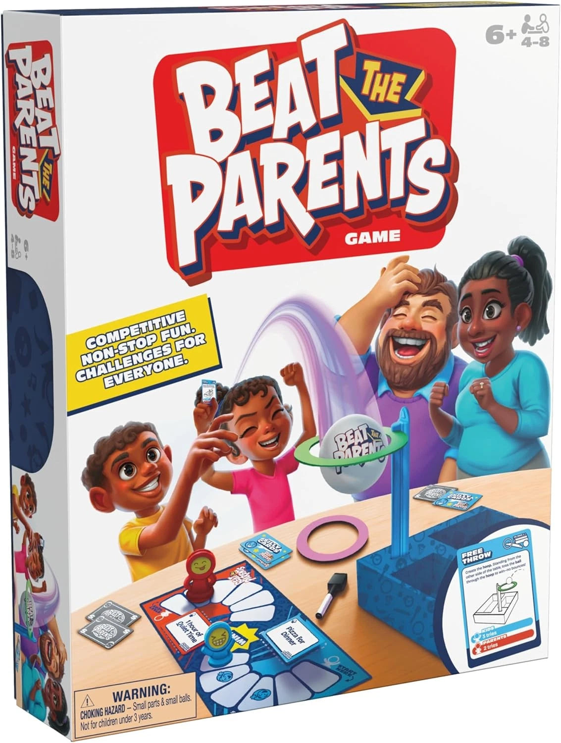 Front of board game box that has a family playing the game on it, against a white background.