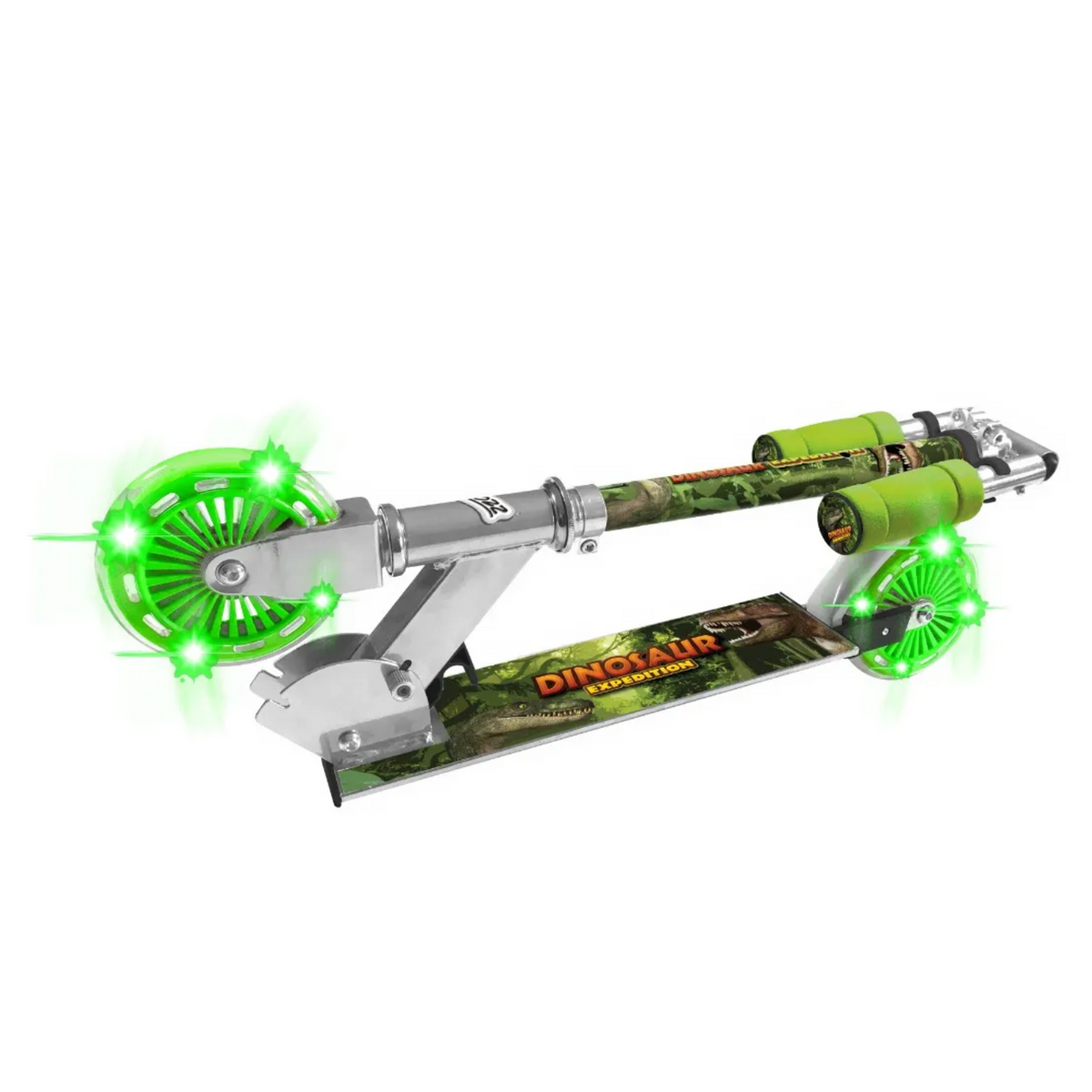 Dinosaur Expedition Scooter Light Up Wheels folding for easy storage