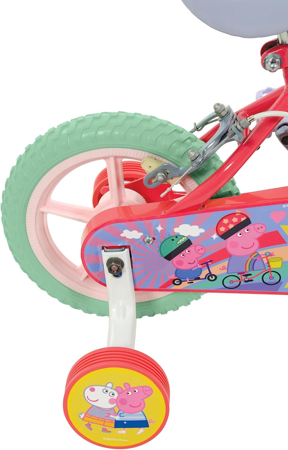 Brightly colored Peppa Pig 12" Bike with removable stabilizers and soft grips.