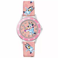 Front view of the Bluey Watch with Bluey character dial, pink bezel and printed silicone strap.