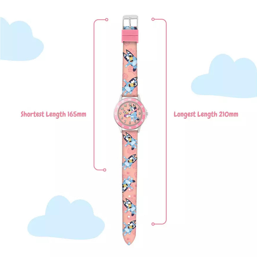 Bluey Character Watch with printed silicone strap, adjustable buckle fastening and wrist size range from 165mm to 210mm on a white background with blue clouds.