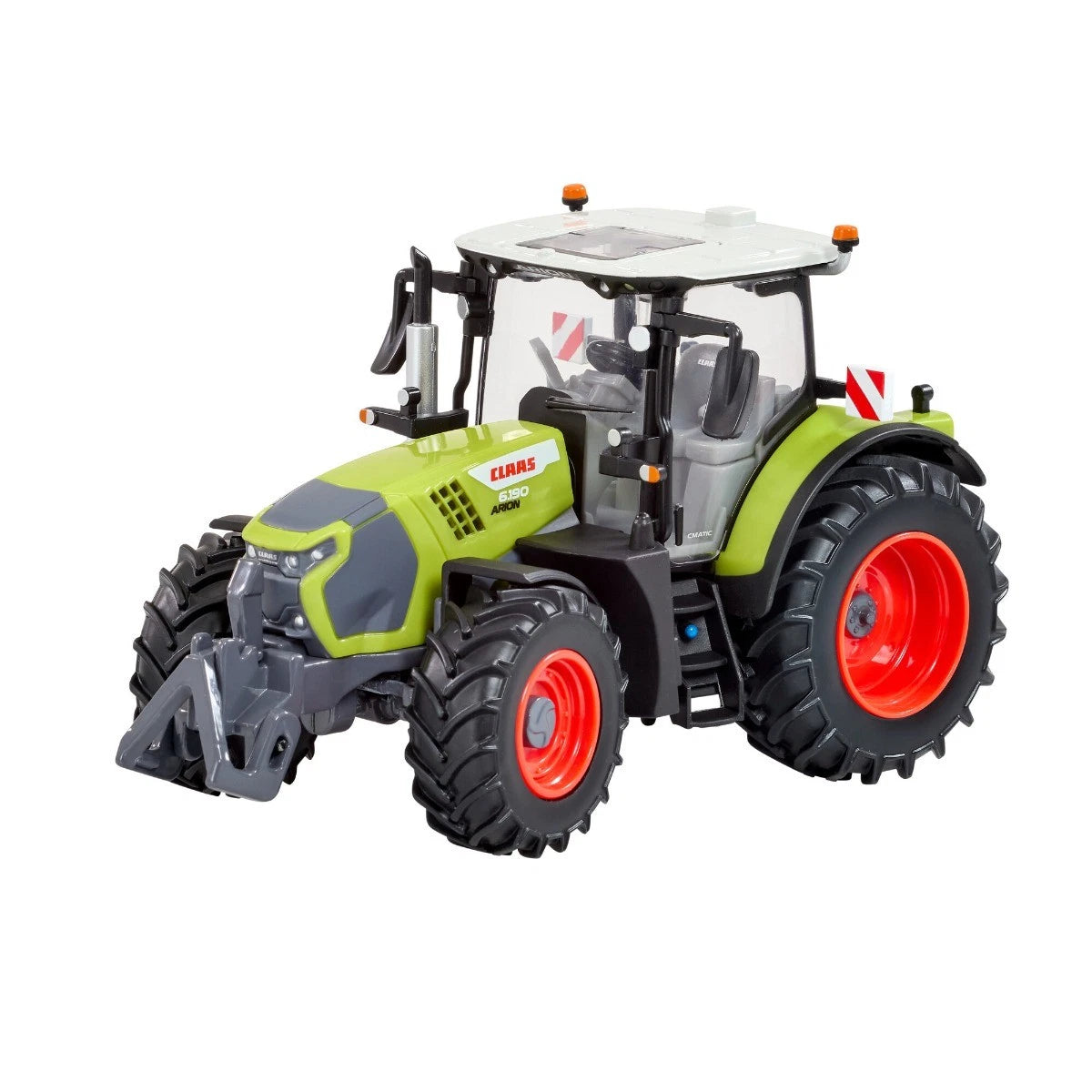 Front three-quarter view of the Britain's CLAAS Arion 6.190 toy tractor with realistic cab, front weight, large tyres, and white background