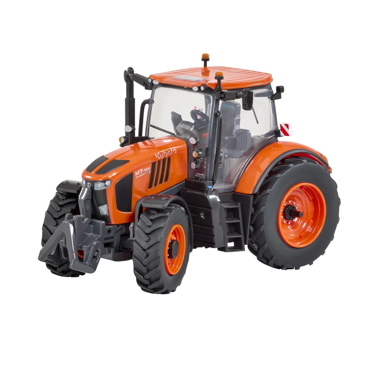 Front three-quarter view of the Kubota M7-154 orange toy tractor with realistic cab and large treaded tyres on a white background.