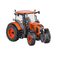 Side front view of the Kubota M7-154 orange toy tractor featuring detailed cab, mirrors and large tyres on a white background.