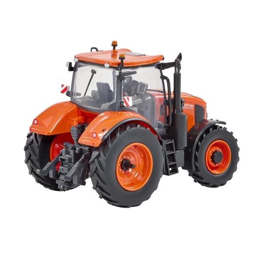 Rear view of the Kubota M7-154 toy tractor showing the detailed cab, rear hitch and oversized tyres on a white background.
