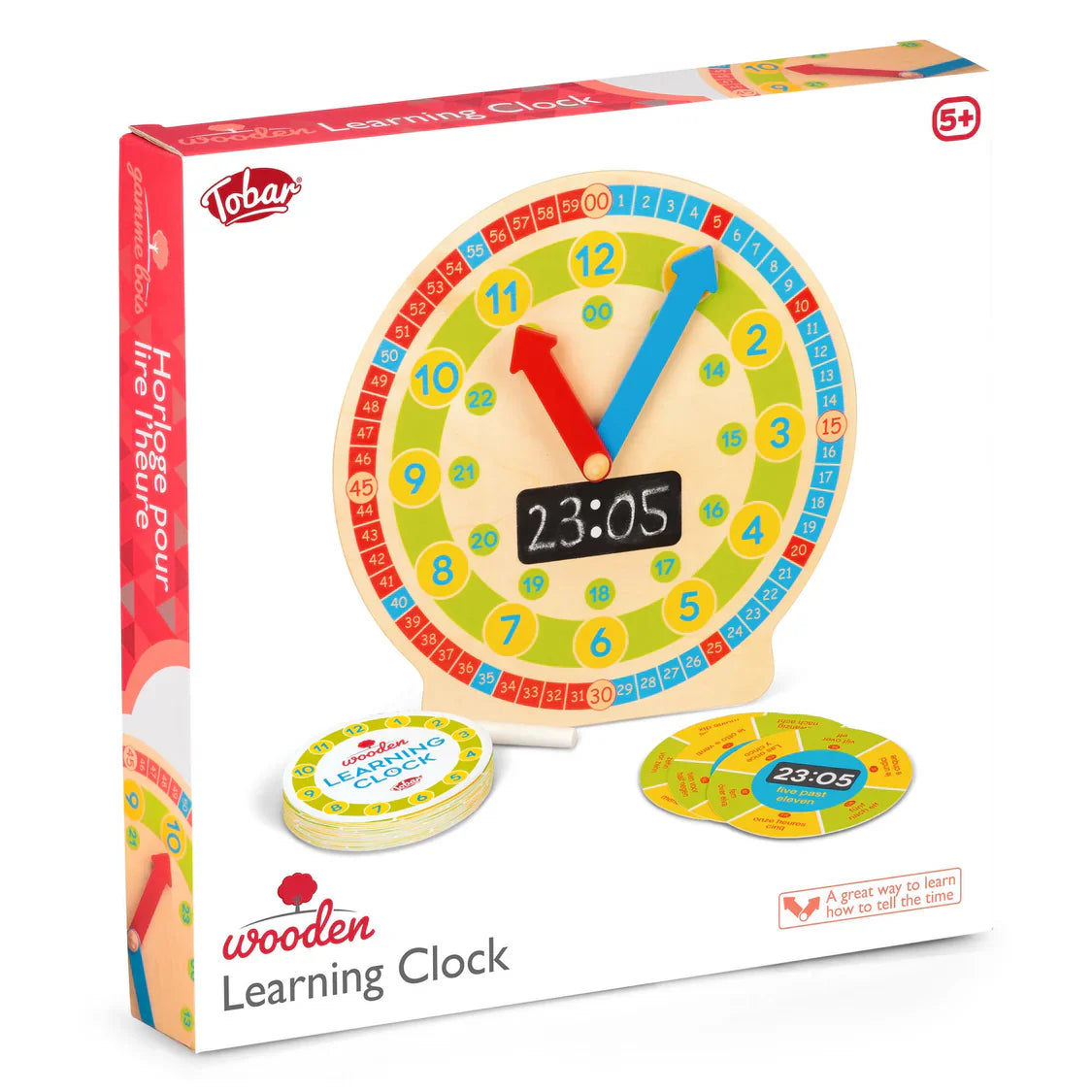 Wooden Learning Clock educational toy in gift box with movable hands, activity cards and digital time chalkboard.