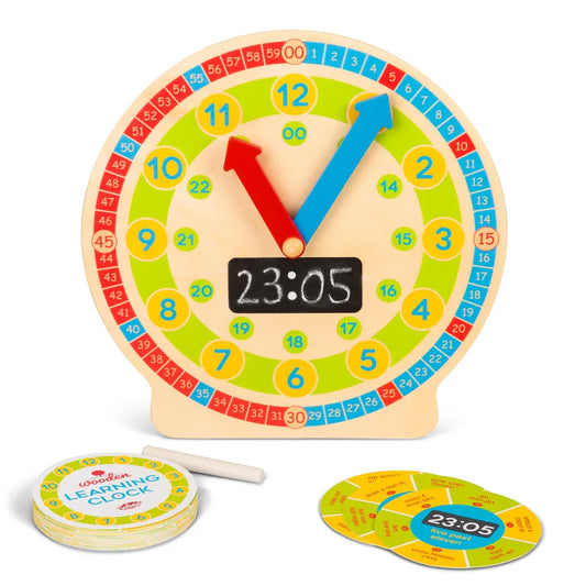 Wooden Learning Clock with movable hour and minute hands, analogue clock face, digital time chalkboard and activity cards.