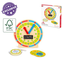Wooden Learning Clock educational toy with movable hands, activity cards, chalkboard, showing that its FSC-certified and retail packaging.
