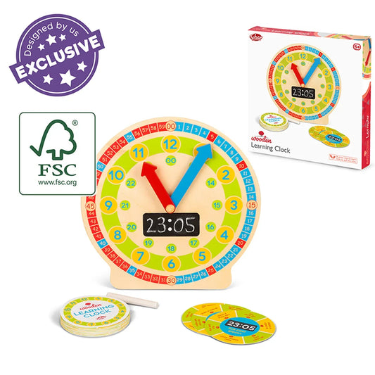 Wooden Learning Clock educational toy with movable hands, activity cards, chalkboard, showing that its FSC-certified and retail packaging.