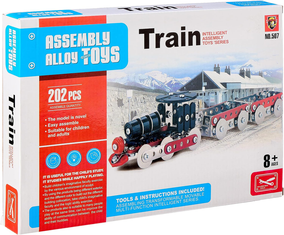 Box of Assembly Alloy Toys train set with model and text on packaging