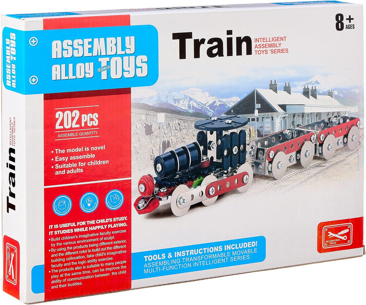 Box of Assembly Alloy Toys Train set with toy train model on a white background