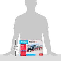 Model train set packaging with a silhouette of a person for scale
