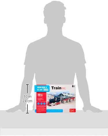 Model train set packaging with a silhouette of a person for scale