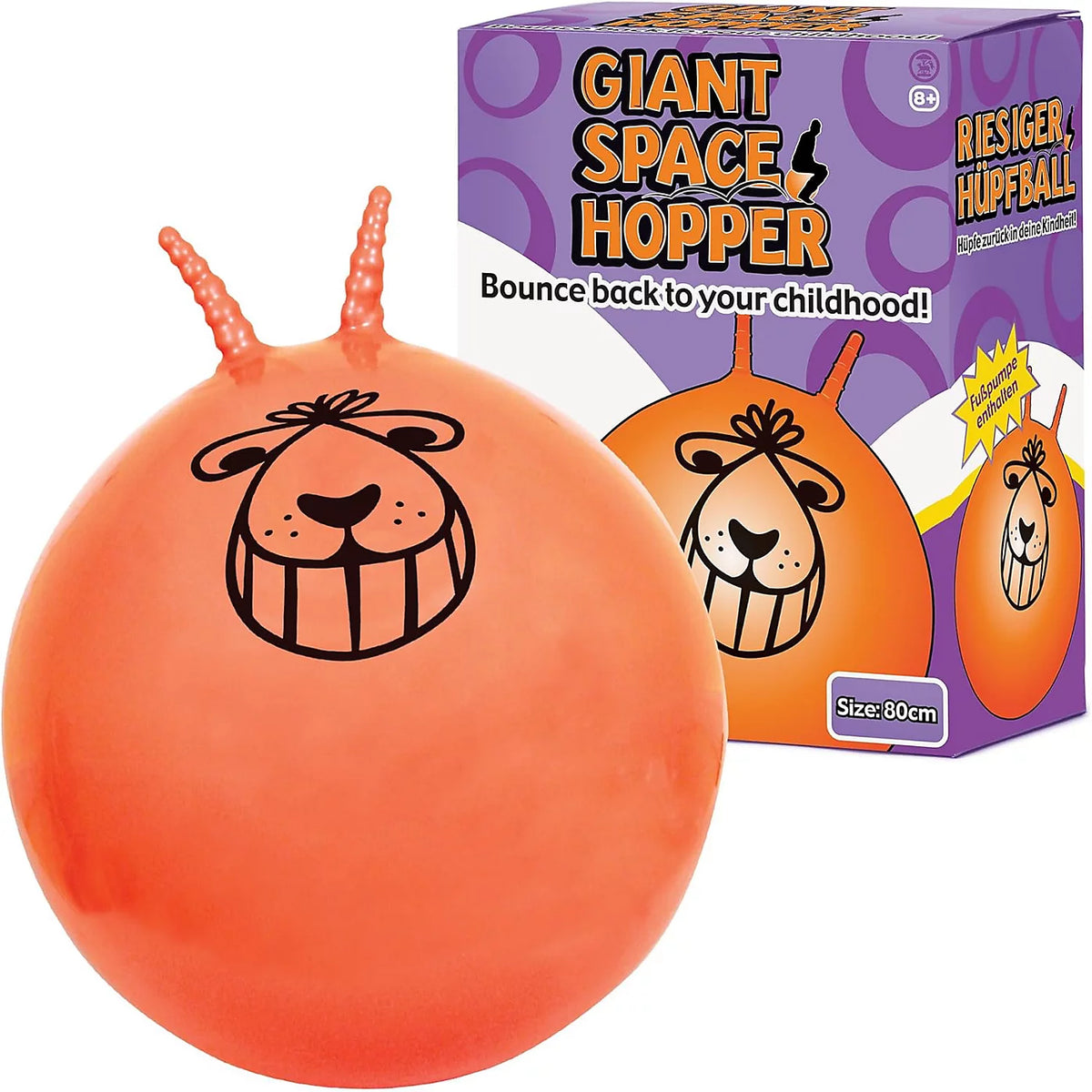 Orange space hopper with face design next to its packaging box on a white background