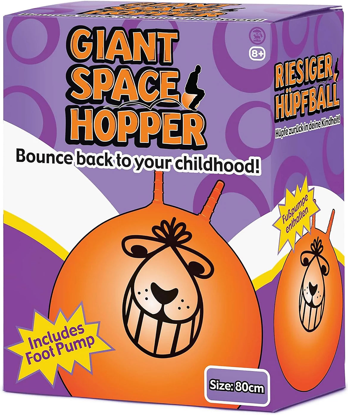 Box of Giant Space Hopper with purple and orange design