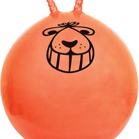 Orange exercise ball with a dog face design on a white background