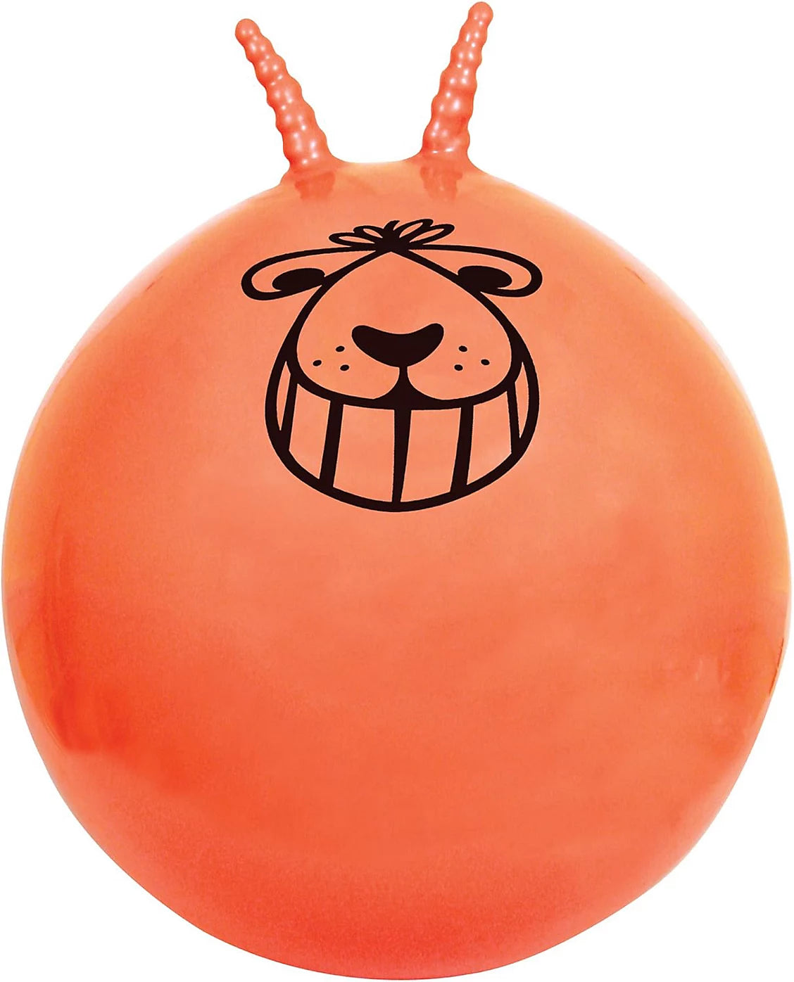 Orange exercise ball with a dog face design on a white background