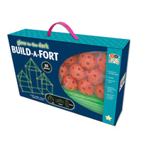 Box of 'Glow-in-the-Dark Build-a-Fort' toy set with red building blocks and green connectors.