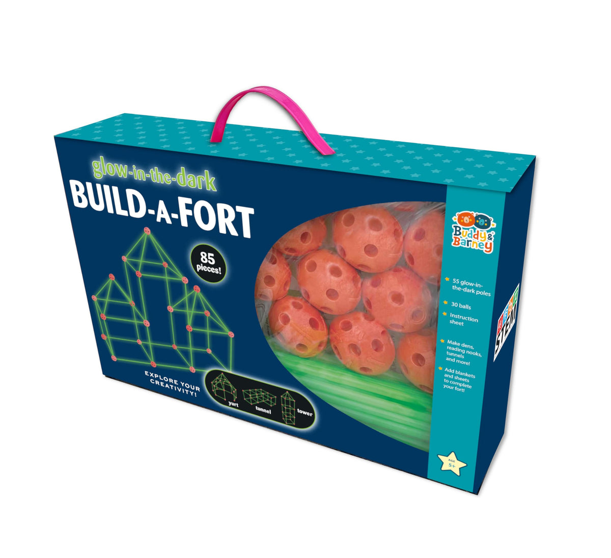 Box of 'Glow-in-the-Dark Build-a-Fort' toy set with red building blocks and green connectors.