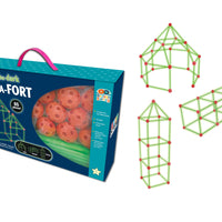 Build-a-fort toy set with packaging and fort structures on a white background