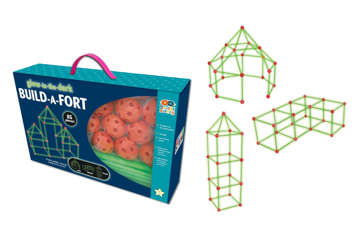 Build-a-fort toy set with packaging and fort structures on a white background