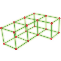 Geometric structure with green lines and red nodes on a white background