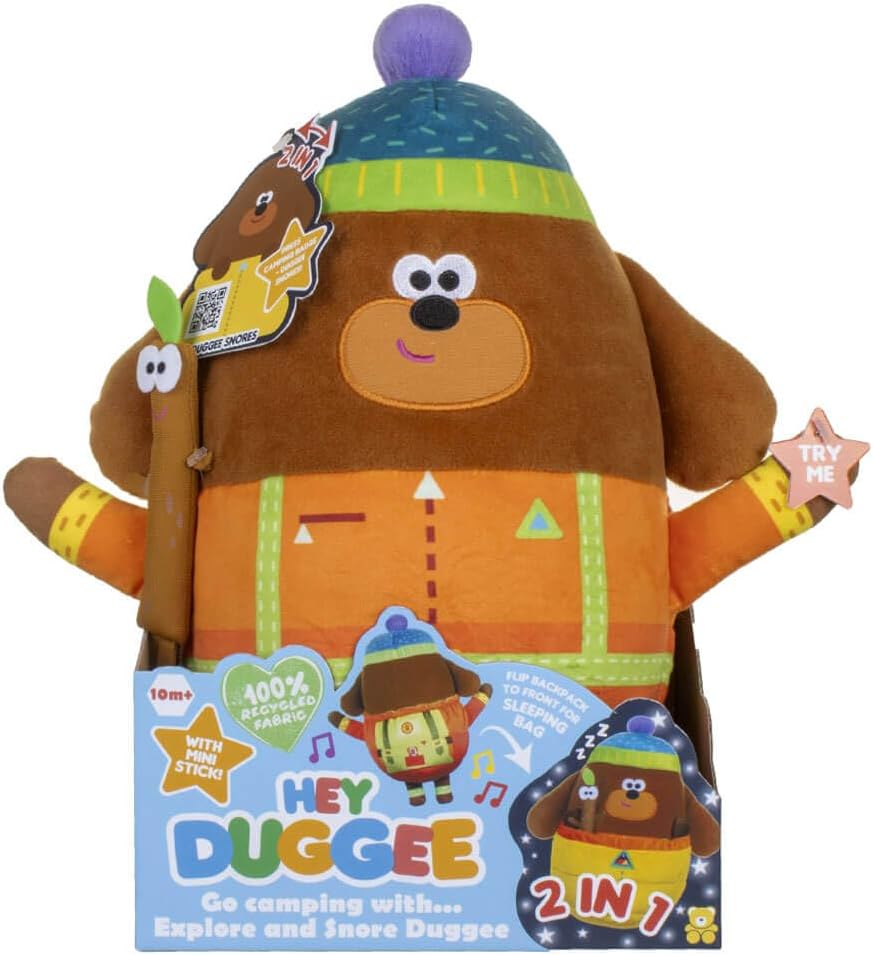 Plush toy with a hat and jacket, featuring 'Hey Duggee' branding on a white background.