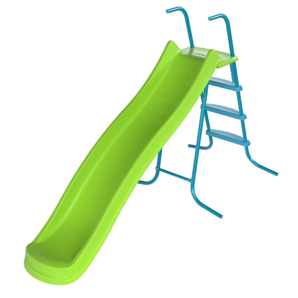 Green slide with blue ladder on a white background