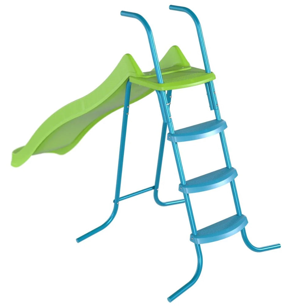 Blue ladder with green slide on a white background