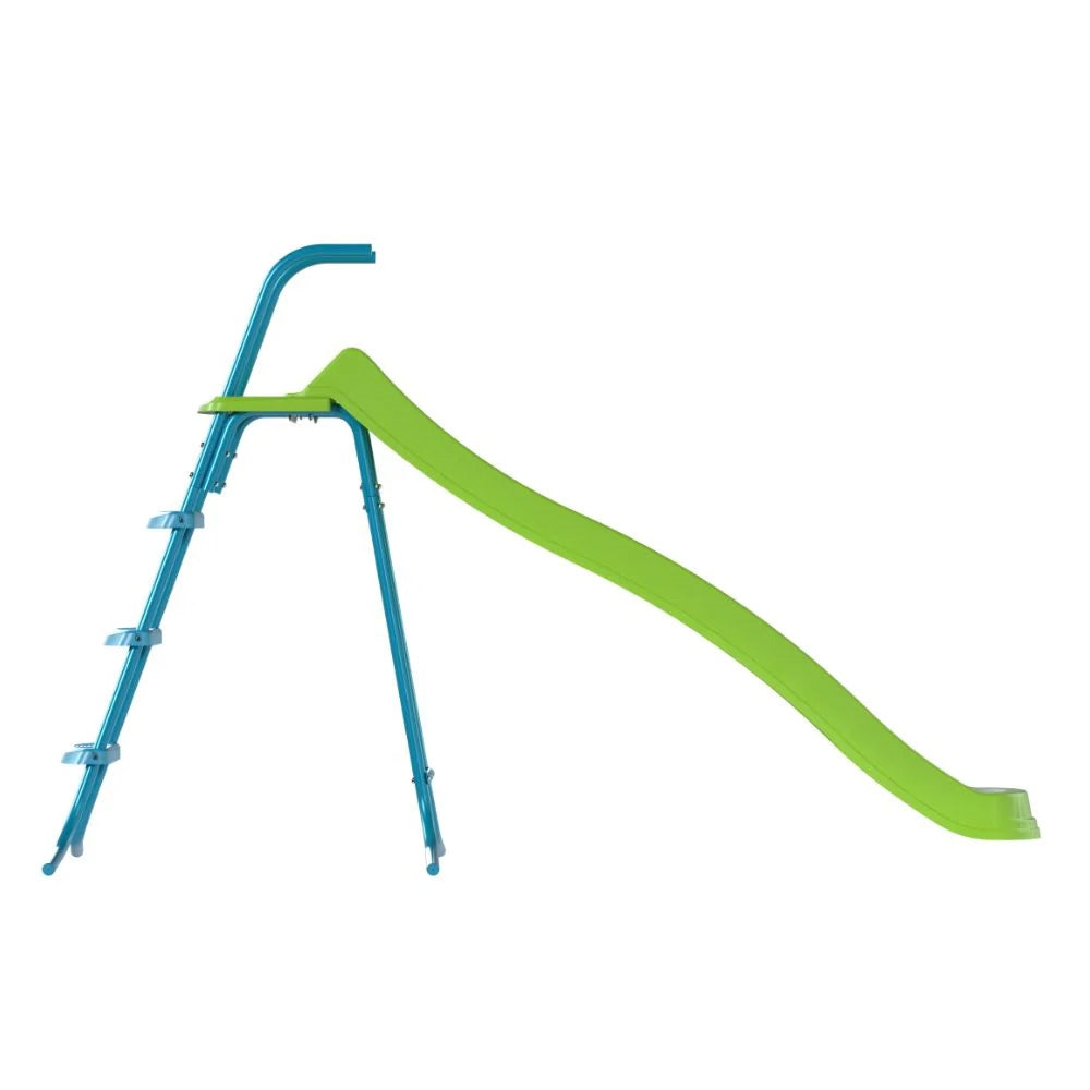 Green slide attached to a blue metal frame on a white background