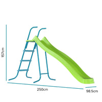 Green slide with blue ladder and measurements on a white background