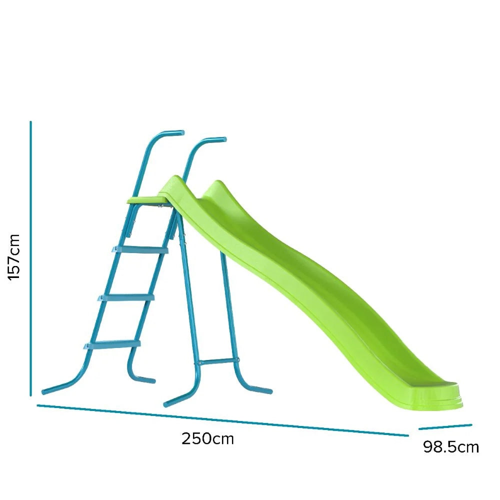 Green slide with blue ladder and measurements on a white background