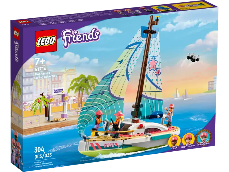 LEGO Friends Stephanie’s Sailing Adventure set with flexible sail and ship’s wheel.