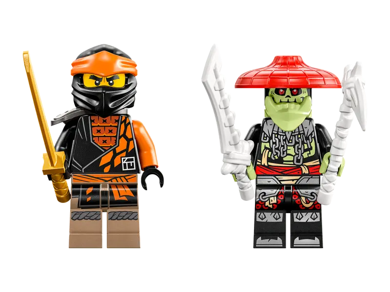 Cole with golden katana and Bone Scorpio with scythe in LEGO NINJAGO playset.