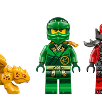 Close-up of LEGO NINJAGO Lloyd minifigure with golden katana sword.