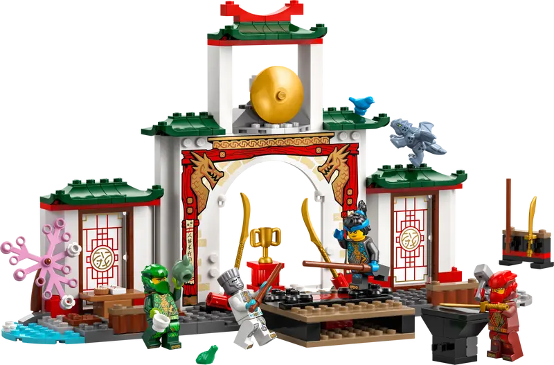 Tournament stage and weapons training area in the LEGO NINJAGO playset.