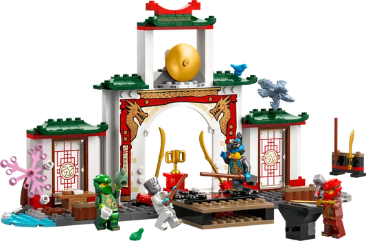 Tournament stage and weapons training area in the LEGO NINJAGO playset.