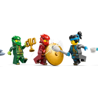 Close-up of LEGO NINJAGO minifigures Zane, Nya, Kai, and Lloyd.