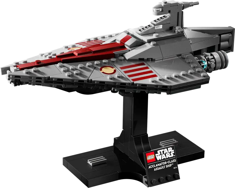 Close-up of the Acclamator-Class Assault Ship™ LEGO model showcasing intricate details.
