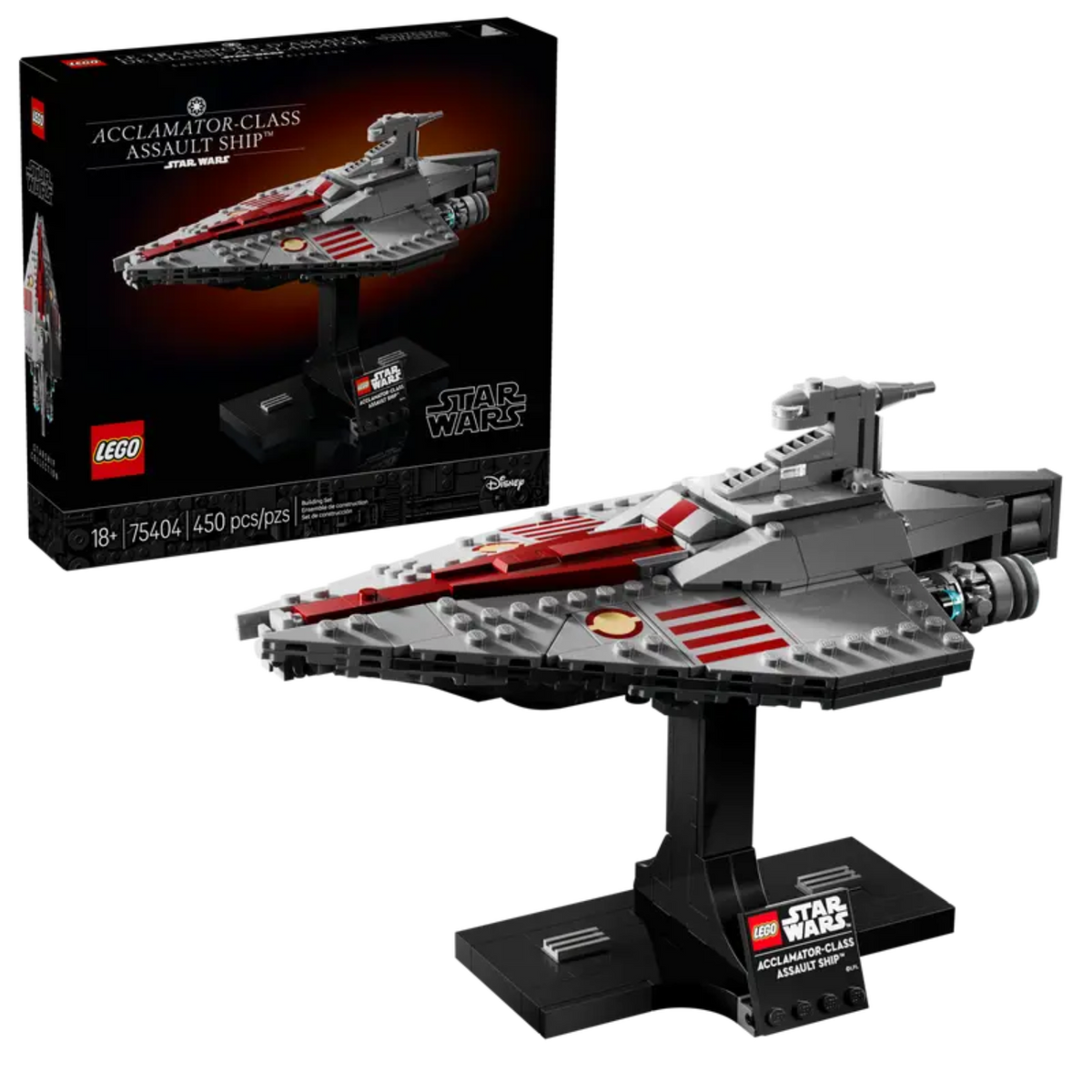 LEGO Star Wars 75404 Acclamator-Class Assault Ship™ set displayed with nameplate.