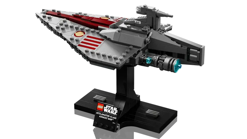 Side view of LEGO Star Wars 75404 Acclamator-Class Assault Ship™ set on display stand.