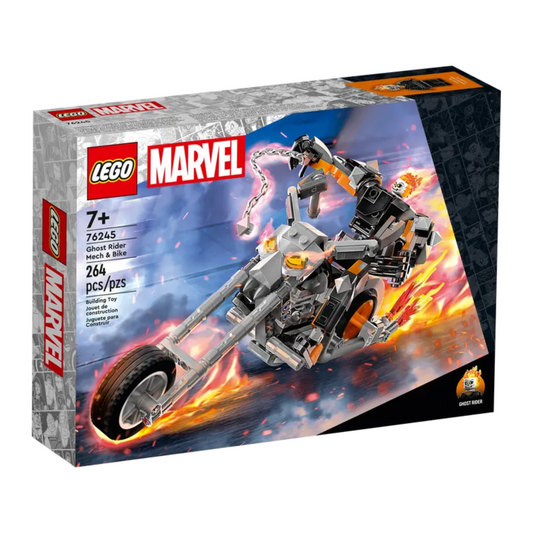 Full view of LEGO Ghost Rider Mech and Bike in action pose