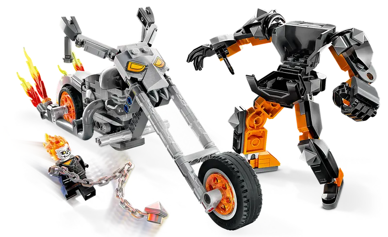 Ghost Rider LEGO set with mech, bike, and minifigure displayed