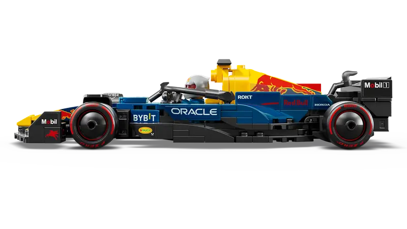 Side view of the LEGO Technic Oracle Red Bull Racing RB20 with sponsor decals.