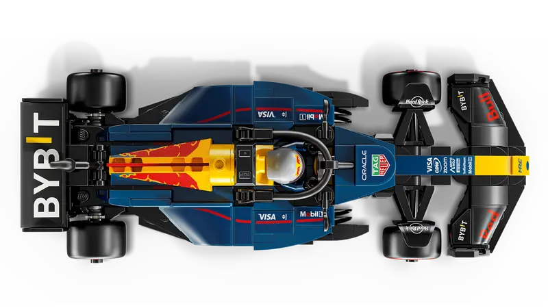 Top-down view of the LEGO F1 car highlighting sleek bodywork and details.