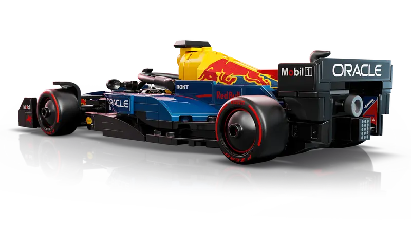 Side view of the LEGO Technic Oracle Red Bull Racing RB20 with sponsor decals.