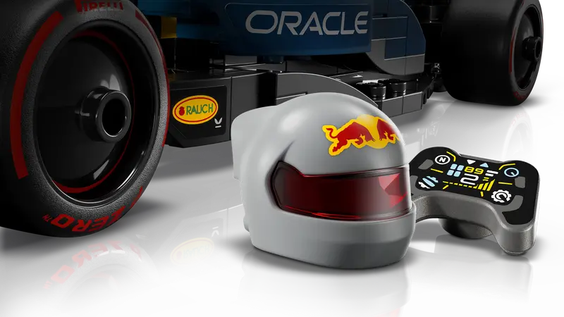 LEGO Technic Oracle Red Bull Racing RB20 model on display.