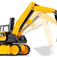 The Mighty Excavator toy truck lifting dirt with its metal bucket.